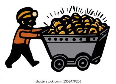 miner pushing a wagon full of gold