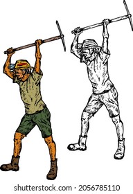 Miner raise his pickaxe above his head. Hand drawn vector illustration.