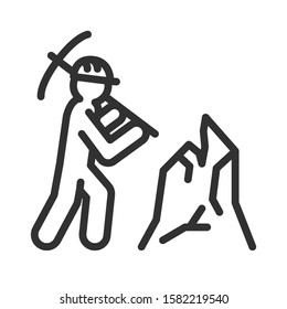 Miner, silhouette man with pickaxe, linear icon. Editable stroke