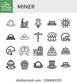miner simple icons set. Contains such icons as Helmet, Hat, Oil mining, Cryptocurrency, Pickaxe, Coal, Mining, Hard hat, can be used for web, mobile and logo