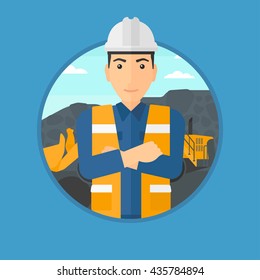 A miner standing in front of a big excavator. Miner with crossed arms. Miner wearing hard hat at coal mine. Vector flat design illustration in the circle isolated on background.