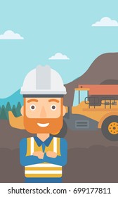 A miner standing in front of a big mining equipment on the background of coal mine vector flat design illustration. Vertical layout.