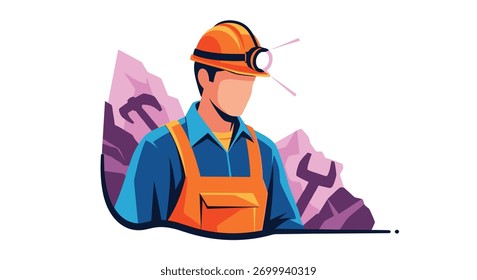 Miner with tools and mountain background wearing hard hat with light on it