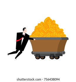 Miner and trolley of bitcoins. Mining Extraction of crypto currency. Businessman and trolley. Vector illustration