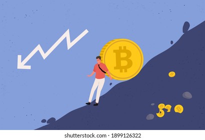 Minero intentando evitar que se cayera una gran moneda de bitcoin. La Caída En El Precio Del Bitcoin Volando Hacia Abajo. El precio de bitcoin baja, molestia, pánico. Concepto de mercado de criptodivisa. Ilustración del vector