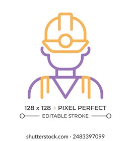 Miner two color line icon. Manual labour. Coal mining industry employee. Uniform and protective equipment bicolor outline symbol. Duotone linear pictogram. Isolated illustration. Editable stroke
