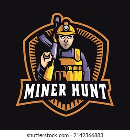 Miner vector mascot logo design with modern illustration concept style for badge, emblem, e sport logo and tshirt printing. Miner illustration with machine gun in hand.