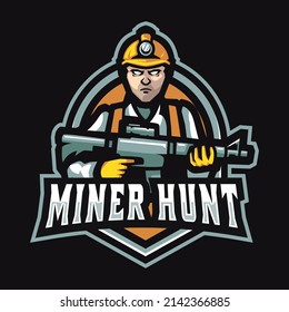 Miner vector mascot logo design with modern illustration concept style for badge, emblem, e sport logo and tshirt printing. Miner illustration with machine gun in hand.