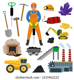 Miner vector mine worker builder character in helmet mining coal minerals in rocks tunnel with excavator or power shovel illustration set of industrial construct equipment isolated on white background