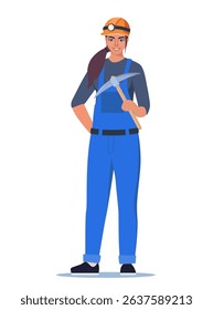 Miner woman character, coal or minerals mining, Girl worker in uniform with pickaxe stands tall. Extraction Industry Profession Working.