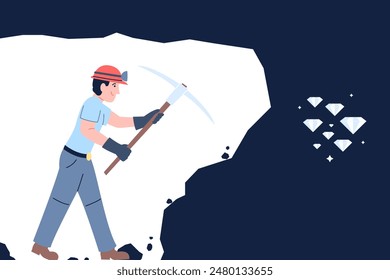 Miner at work digging tunnel. Metaphor of hard work, success and following goals. Man with man with pickaxe in mine, recent vector flat scene