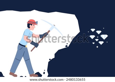 Miner at work digging tunnel. Metaphor of hard work, success and following goals. Man with man with pickaxe in mine, recent vector flat scene