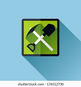 Miner work emblem with crossed pick and shovel. Flat vector icon with long shadow