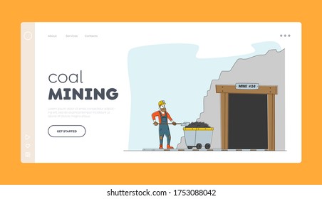 Miner at Work. Extraction Industry Profession Landing Page Template Worker Character in Uniform and Helmet Stand at Coal Mine Entrance with Trolley and with Shovel in Hands. Linear Vector Illustration