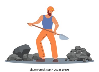 Miner Work, Extraction Industry Profession, Working Occupation. Worker Male Character in Uniform and Helmet Working in Coal Mine Quarry Digging Fossil with Shovel in Hands. Cartoon Vector Illustration