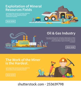 Miner work flat horizontal banner set with exploitation of mineral resources fields oil and gas industry elements isolated vector illustration