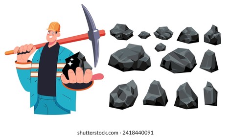 Miner worker with coal gold isolated concept set. Vector flat graphic design illustration
