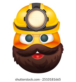 Emojis do trabalhador mineiro sobre fundo branco. Emoticon em capacete amarelo mineiro com lâmpada. Emoticon bonito 