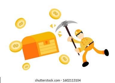 miner worker and gold chest coin dollar money economy cartoon doodle flat design style vector illustration