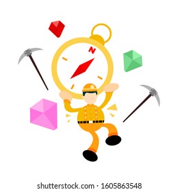 miner worker and gold compass exploration cartoon doodle flat design style vector illustration