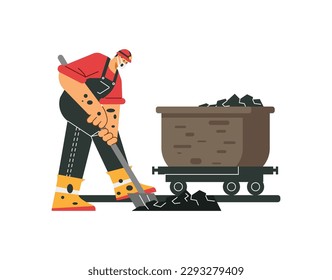 MIner worker in protective mask digging earth with shovel, flat vector illustration isolated on white background. Wheelbarrow with coal. Mine industry worker. Man extracting minerals from underground.