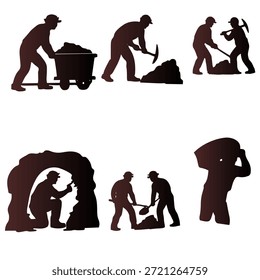 Miner Worker Silhouette Set Isolated on White Background