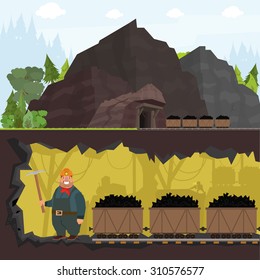 miner working in a mine. inside and outside the mine. vector illustration. banners.