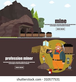 miner working in a mine. professional miner. coal mine. vector illustration. banners.