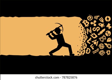 Miner working with pickaxe. Cryptocurrency mining concept. Cryptocurrency symbols in mine ground.