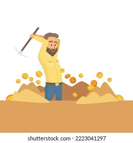 Miner arbeitet. Arbeiter mit Pickaxe, die auf goldenen Steinen und Bergbaugeld zerschlagen. Vektorzeichen