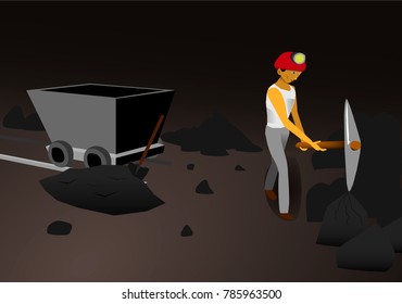 The miner works in a dark mine, he extracts coal.