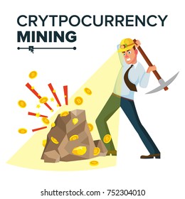 Miner Young Male Vector. Mining Gold Coins. Cryptocurrency Concept. Isolated On White Cartoon Character Illustration