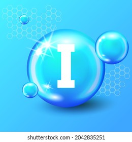 Mineral blue shining pill capsule icon. I iodine Vector. Mineral Blue Pill Icon. Vitamin Capsule Pill I iodine Icon. Substance For Beauty, Cosmetic, Heath Promo Ads Design. 3D Mineral Complex I iodine