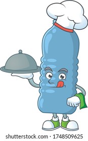 A mineral bottle chef cartoon design with hat and tray