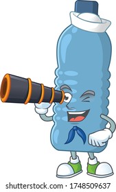 Mineral bottle in Sailor cartoon character style using a binocular