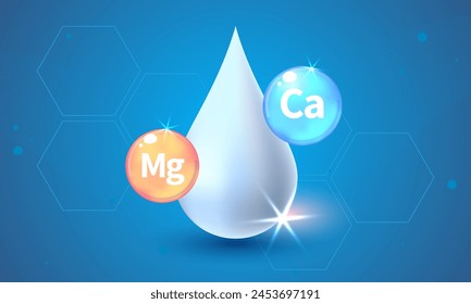 Mineral Ca Calcium, Mg Magnesium shining pill capsule icon. Mineral Blue Pill Icon. Vitamin Capsule Pill Icon. Substance For Beauty, Cosmetic, Heath Promo Ads Design. 3D Mineral Complex