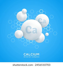 Mineral Ca white molecule. Calcium icon, pill capcule. Vitamin complex health formula . Pearl drop sign. Meds heathcare banner, cover or poster. Vector illustration. Medical food supplement concept