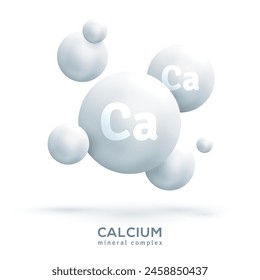 Mineral Ca white molecule isolated. Calcium icon, pill capcule. Vitamin complex health formula. Meds heathcare banner, cover or poster. Vector illustration. Medical food supplement concept