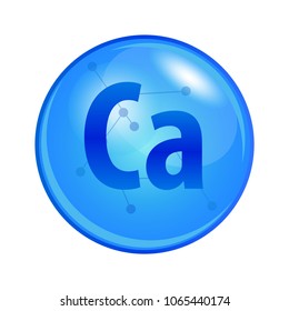Mineral Calcium capsule. Vector icon for health. Blue shining vitamin pill.
