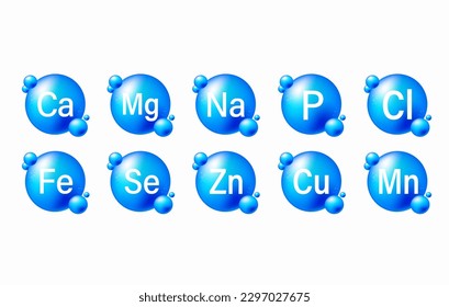 Mineral complex of healthy nutrition. Vector creative design with blue color glossy vitamin pills capsules