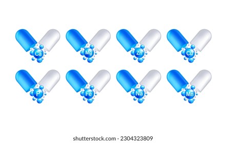 Mineral complex of healthy nutrition. Vector creative design with blue color glossy vitamin pills capsules