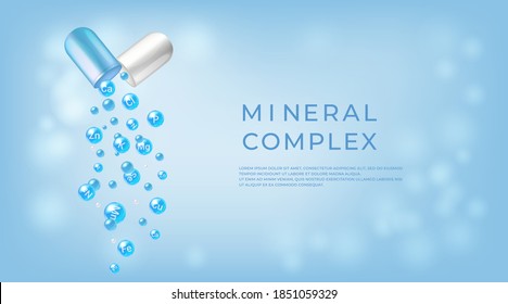 Mineral complex. Pharmaceutical banner template Capsule with falling out minerals balls. 

 