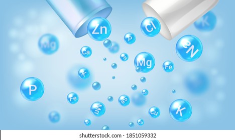 Mineral complex. Pharmaceutical banner template Capsule with falling out minerals balls. 

 