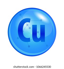 Mineral Kupfer oder Cuprum Kapsel. Vektorsymbol für Gesundheit. Blaue glänzende Vitaminpille.