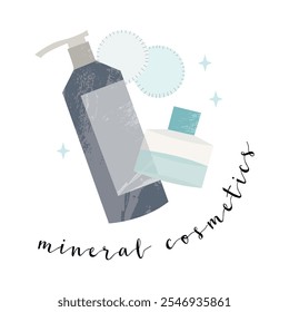 Mineral cosmetics. Natural skin care. Organic cruelty-free cosmetics. Vegan makeup. Herbal beauty products for face and body care. Eco friendly lifestyle. Vector flat cartoon illustration