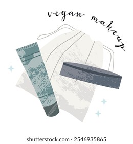 Mineral cosmetics. Natural skin care. Organic cruelty-free cosmetics. Vegan makeup. Herbal beauty products for face and body care. Eco friendly lifestyle. Vector flat cartoon illustration
