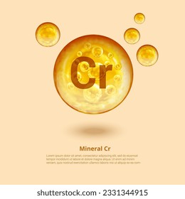 Mineral Cr. Chromium. Mineral Vitamin complex. Golden balls. Health concept. Cr Chromium.