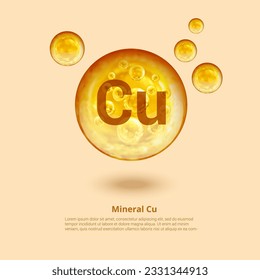 Cu mineral. Cobre. Complejo de vitamina mineral. Bolas doradas. Concepto de salud. Cu Copper.