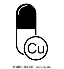 Icono de Cu mineral, símbolo de suplemento de píldora de medicina saludable, compleja ilustración de vector vitamínico.