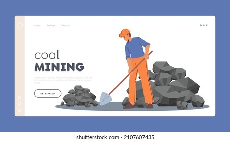 Mineral Exploration, Coal Mining Industry Concept Landing Page Template. Male Character in Helmet and Working Robe Digging Soil Explore Fossils on Quarry Pit. Cartoon People Vector Illustration
